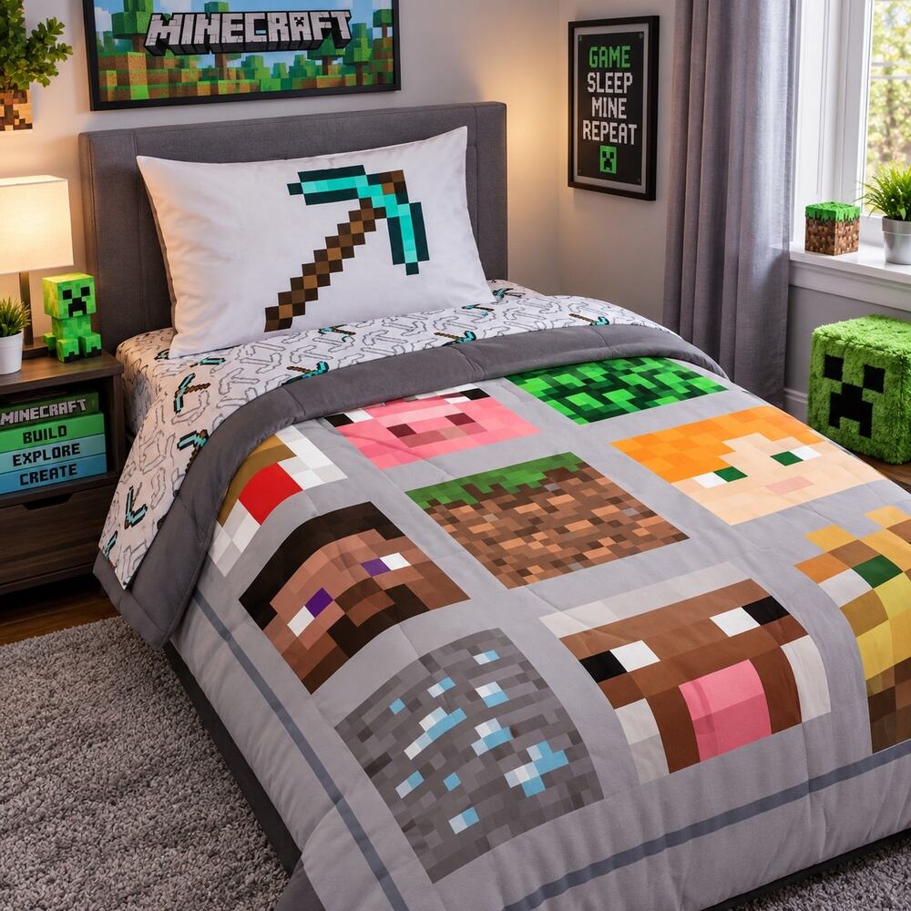 Minecraft Full Size Comforter Super Soft Creeper Gaming Bedding Gray